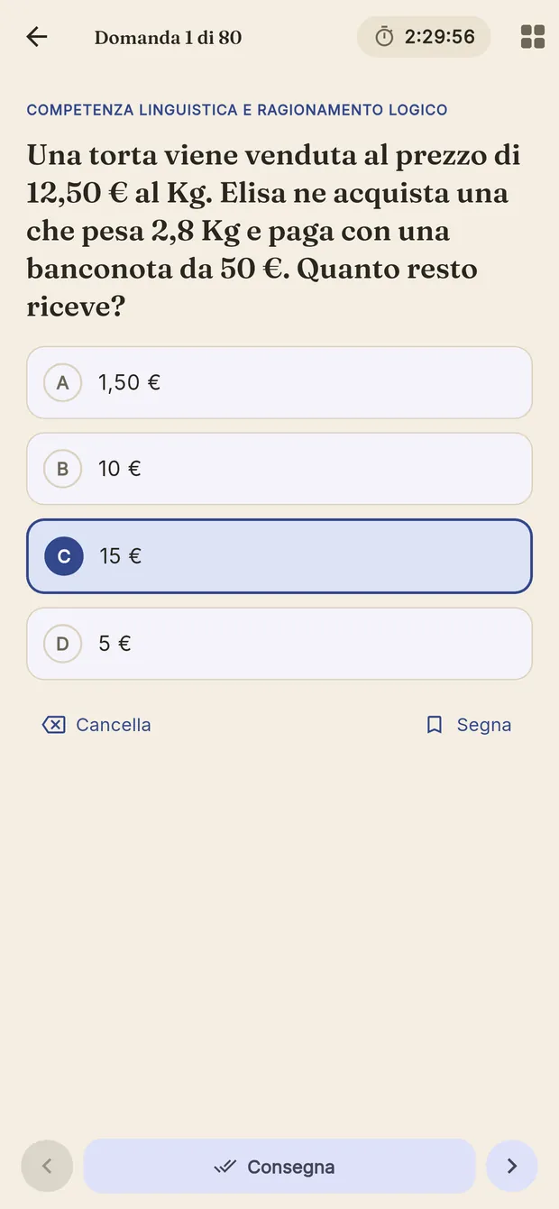 Una domanda della prova nell'app, con il cronometro che scorre in alto