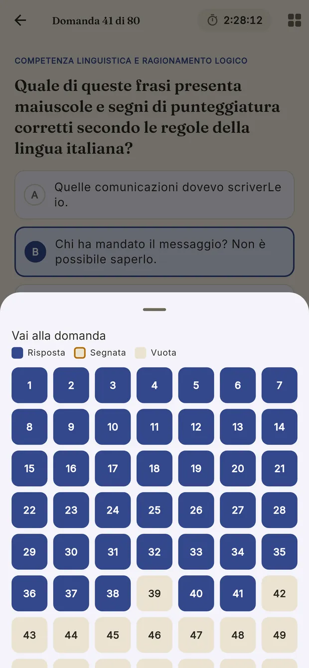 La griglia delle domande nell'app, con quelle risposte, segnate e ancora vuote