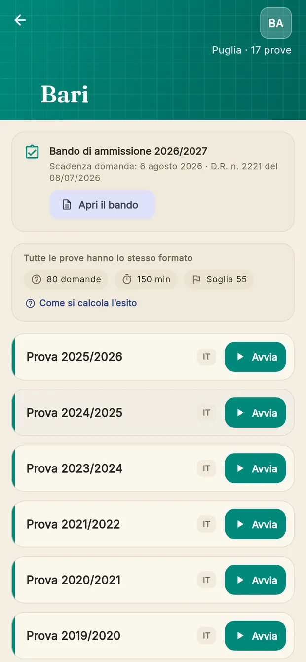 La schermata di un ateneo nell'app, con l'elenco delle prove per anno